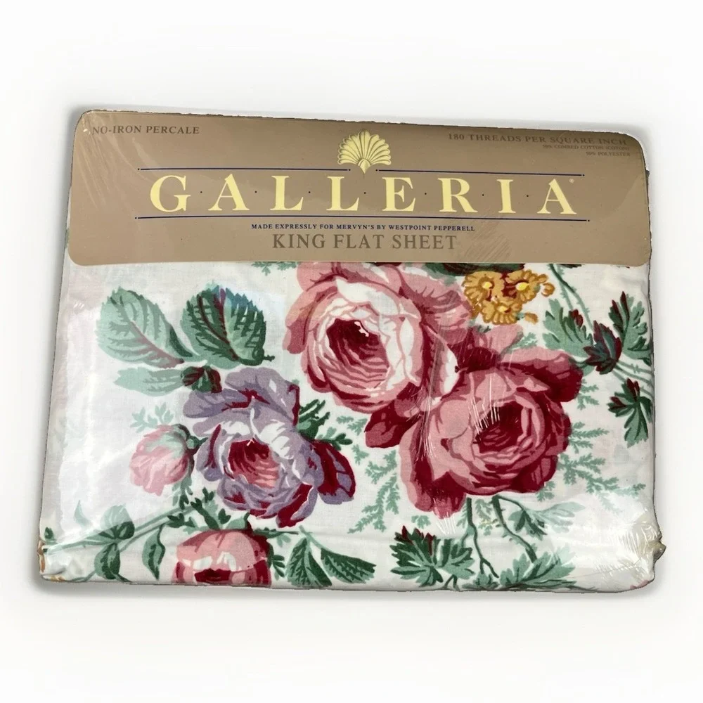 VTG Galleria For Mervyn's King Flat Sheet 180 Thread 90s Floral Virginia Reel